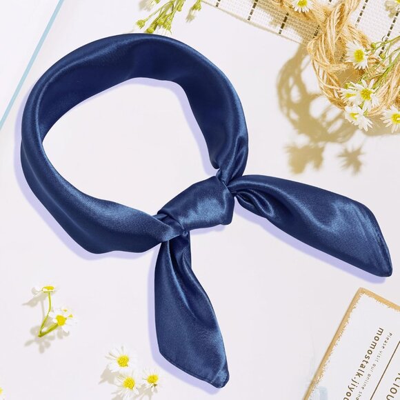 Women Navy Blue Chiffon Square Ribbon Neck Scarf Satin Handkerchief Halloween - Picture 7 of 7